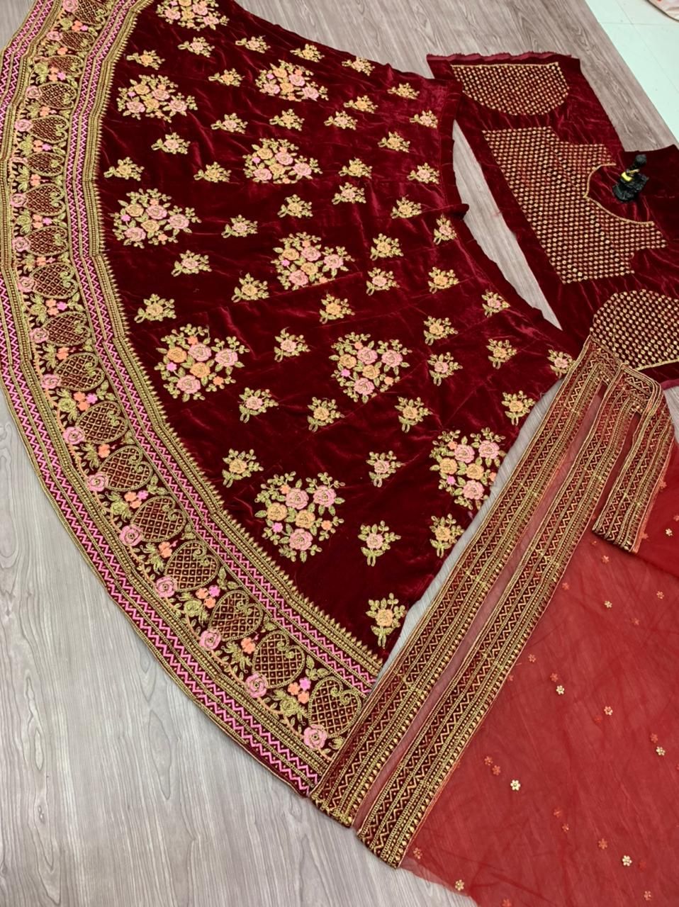 Maroon Lehenga Choli In Velvet With Embroidery Work