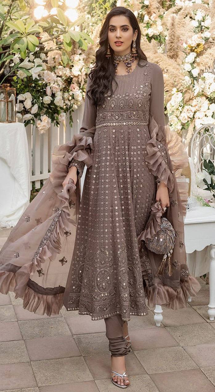 Coffee Anarkali Suit In Fox Georgette With Sequence Work