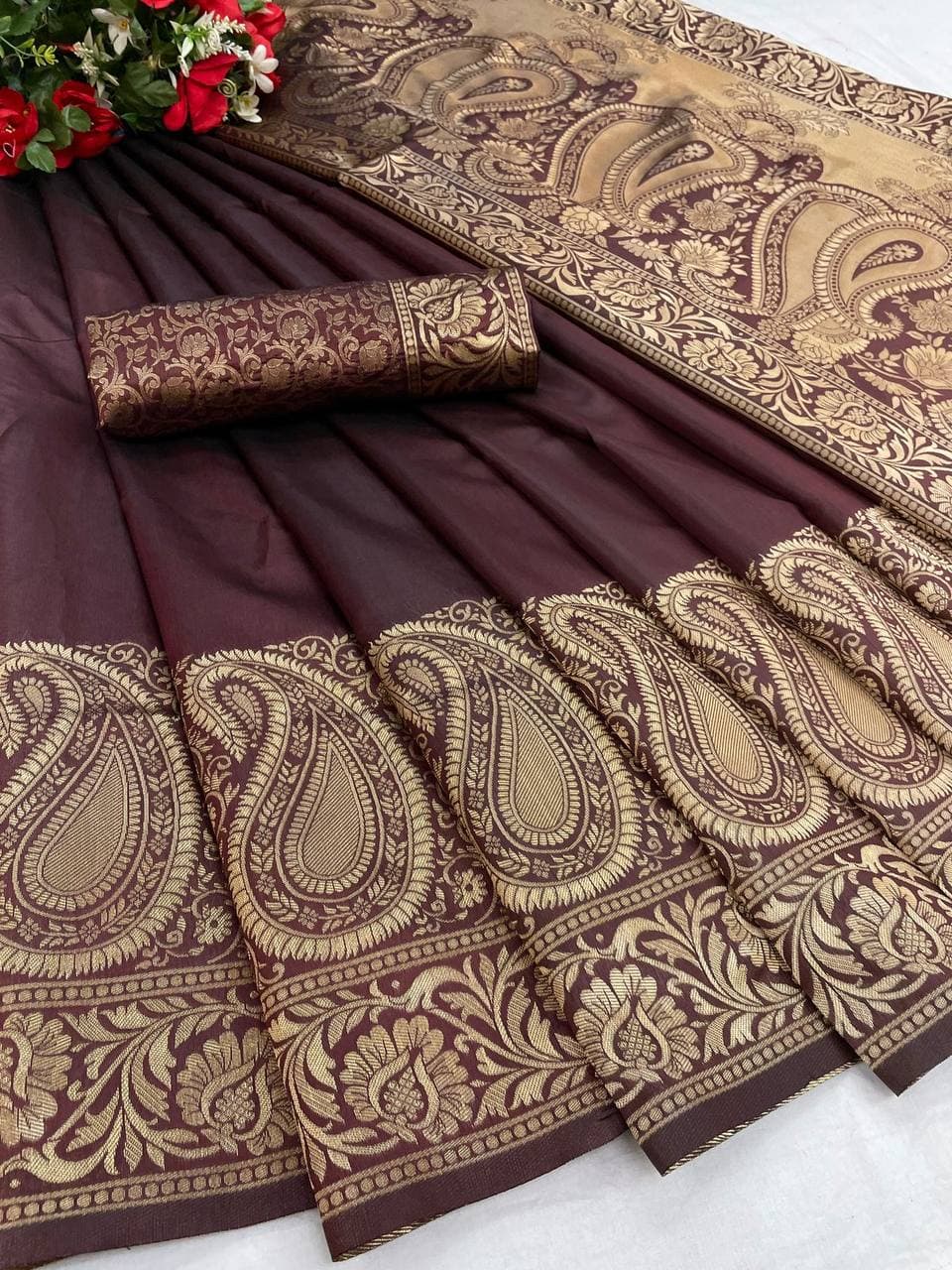 Coffee Lichi Silk Banarasi Saree With Blouse