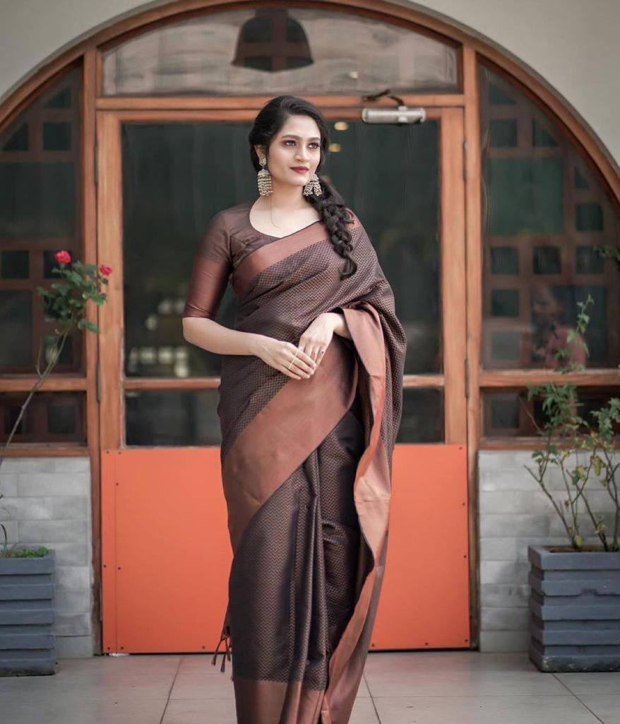 Coffee Lichi Silk Wedding Wear Banarasi Saree With Blouse