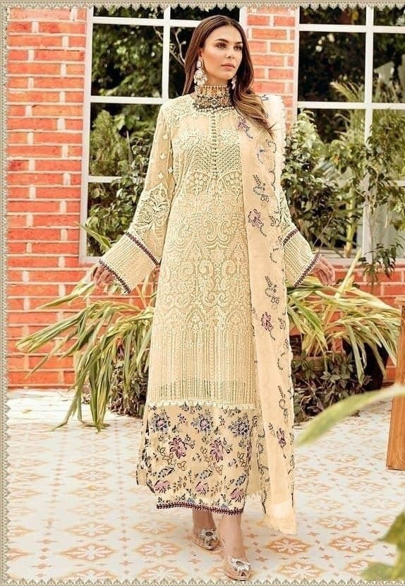 Cream Salwar Suit In Fox Georgette With Chain Stitch Work