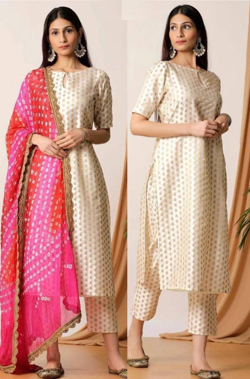 Cream Salwar Suit In Banarasi Jacquard Silk