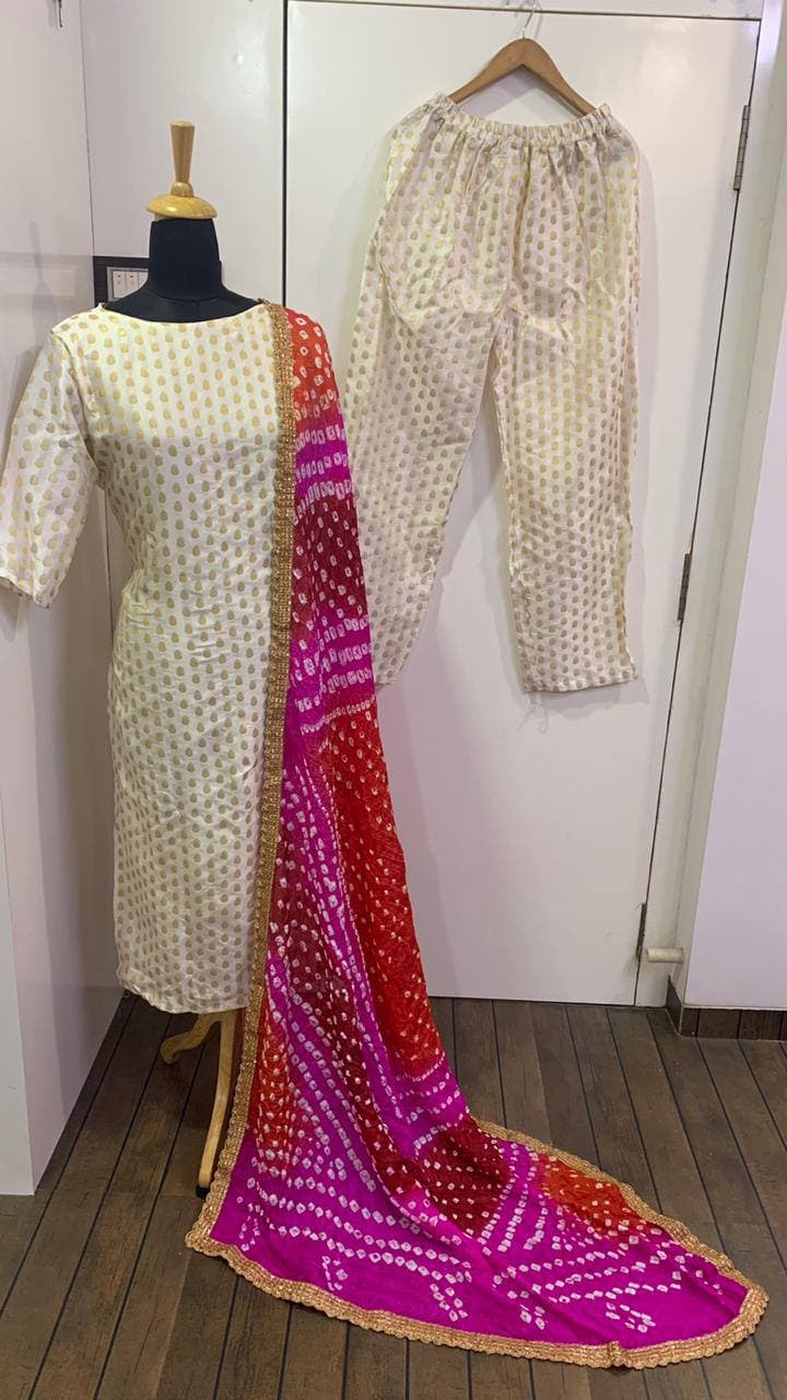 Cream Salwar Suit In Banarasi Jacquard Silk