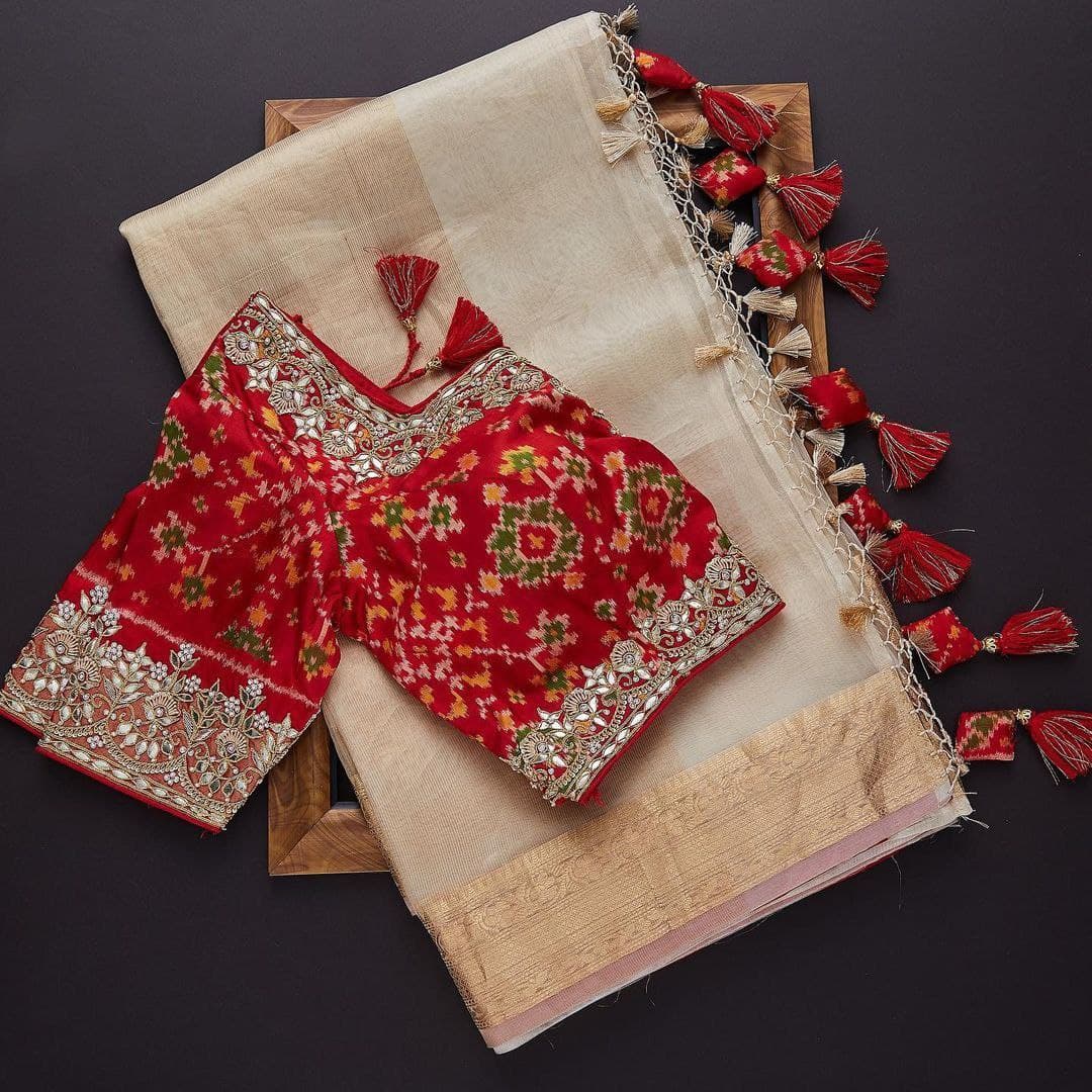 Cream Saree In Banarasi Tissue With Zari Woven Work