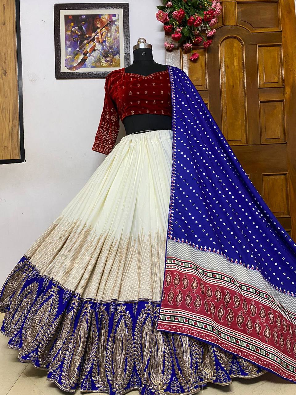 Cream Lehenga Choli In Butter Silk With Embroidery Work