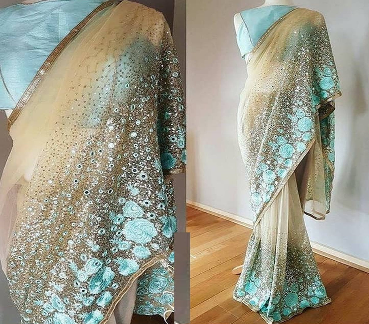 Cream Saree In Chanderi Silk With Fancy Thread Work