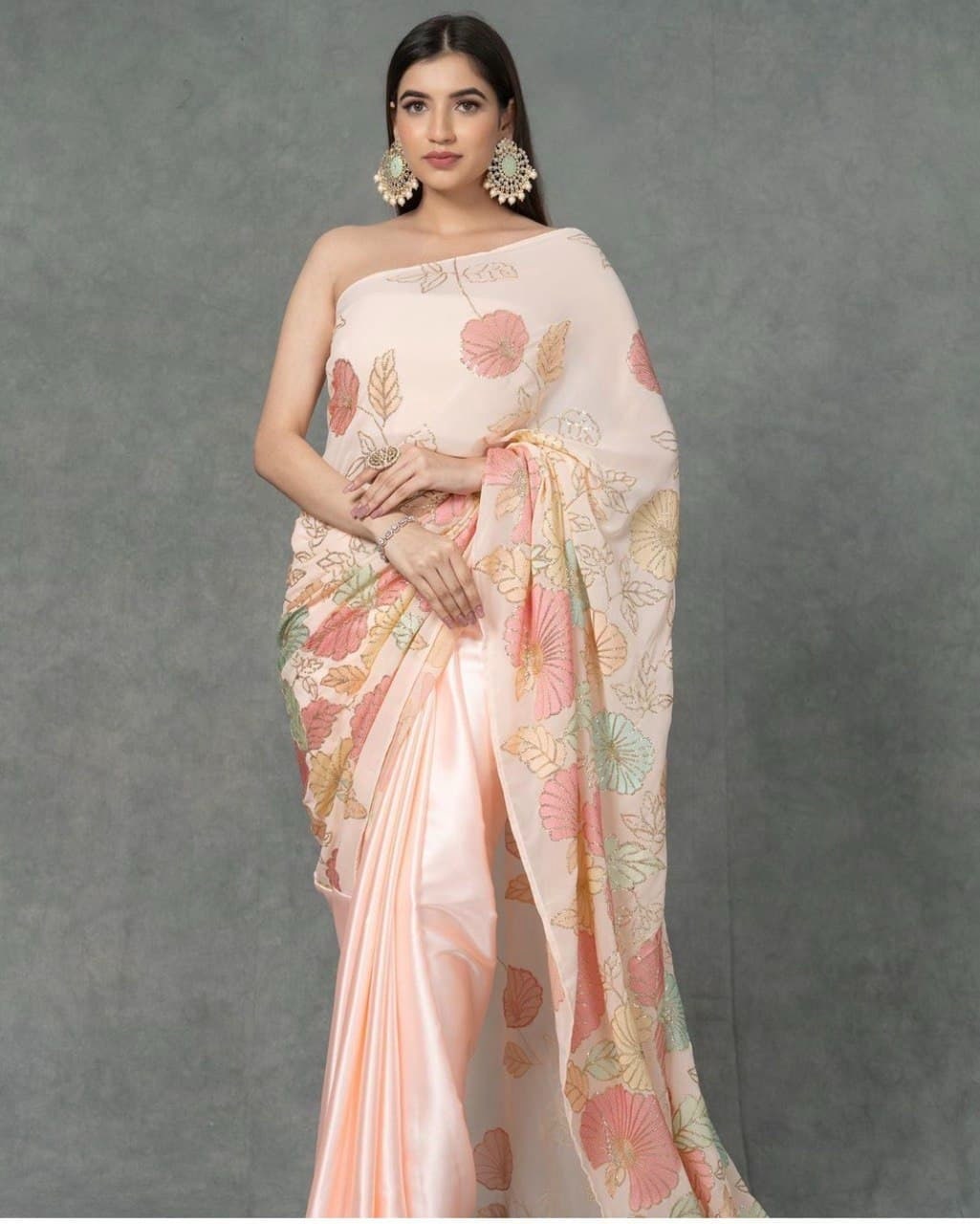 Cream Saree In Dola Silk With Thread Sequence Work