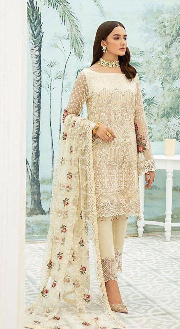 Cream Salwar Suit In Faux Georgette With Embroidery Work