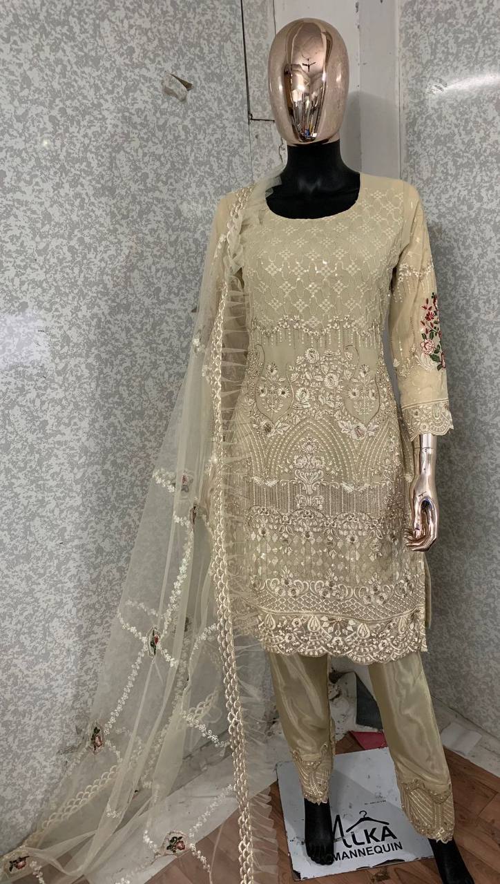 Cream Salwar Suit In Faux Georgette With Embroidery Work