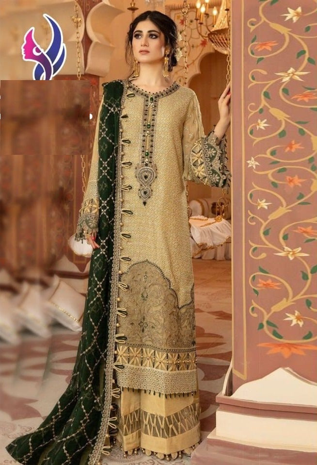 Cream Salwar Suit In Georgette Silk With Embroidery Work