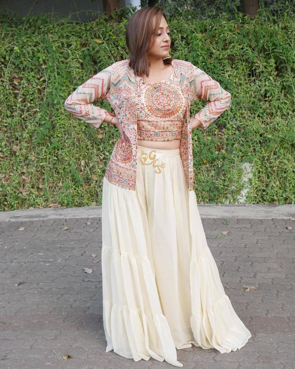 Cream Sharara Suit In Georgette Silk With Embroidery Work