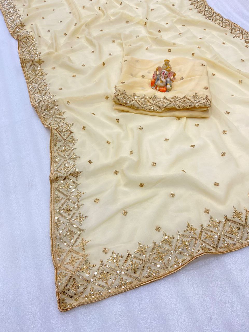 Cream Saree In Georgette Silk With Multi Sequence Work