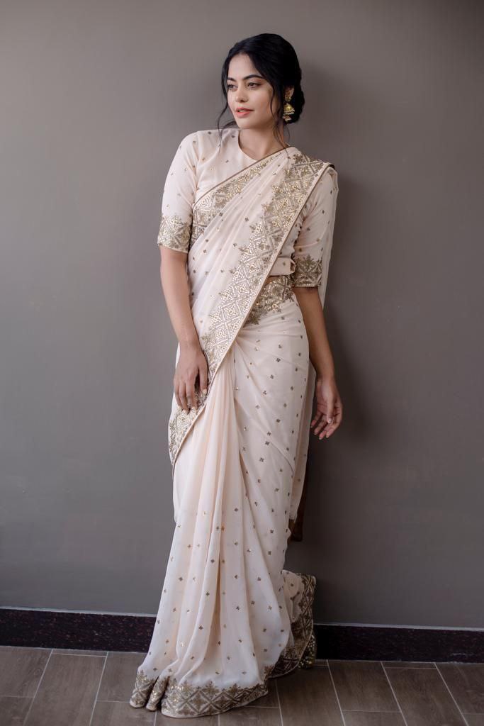 Cream Saree In Georgette Silk With Multi Sequence Work