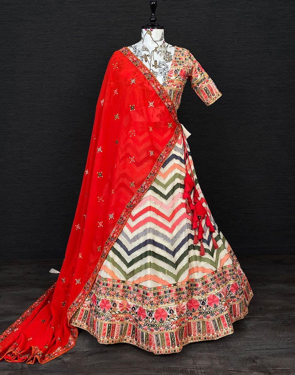 Cream Lehenga Choli In Georgette Silk With Sequence Work