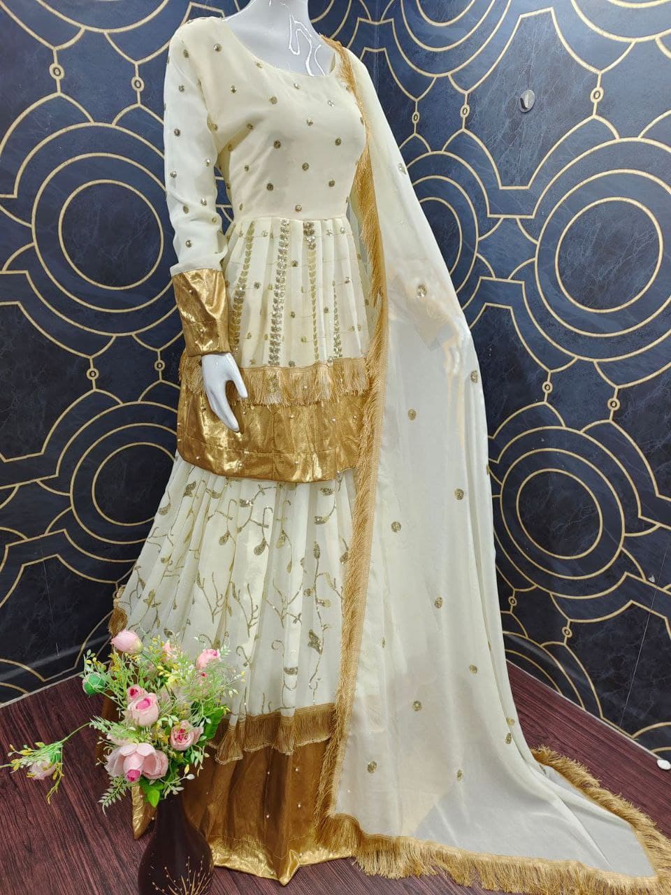 Cream Lehenga Choli In Georgette Silk With Sequence Work