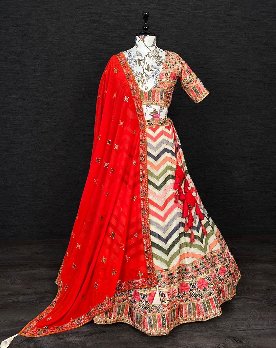 Cream Lehenga Choli In Georgette Silk With Sequence Work