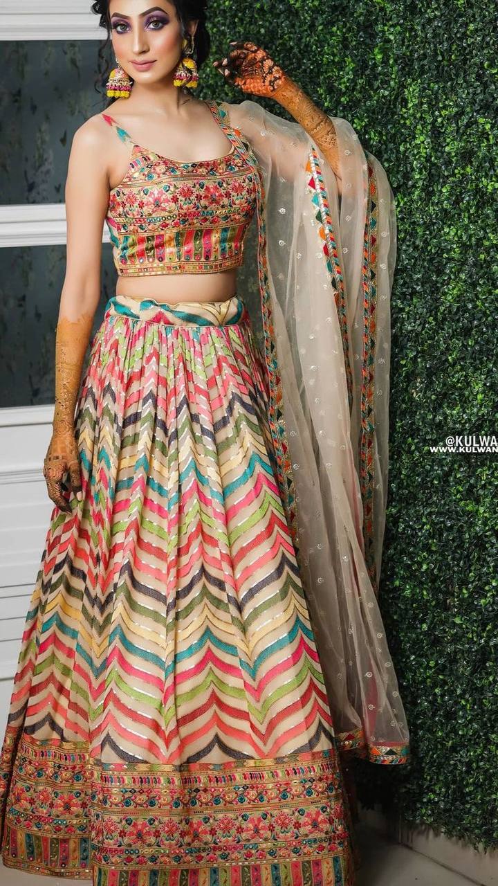 Cream Lehenga Choli In Georgette Silk With Sequence Work