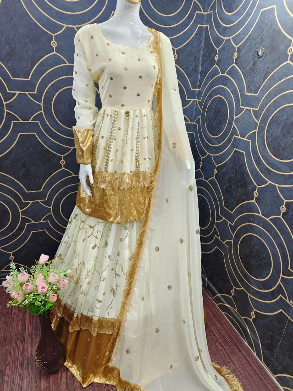 Cream Lehenga Choli In Georgette Silk With Sequence Work