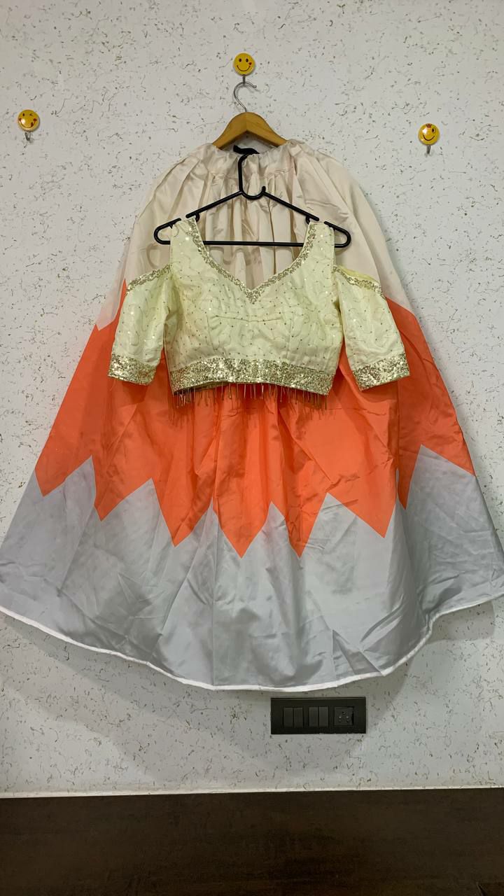 Cream Orange Lehenga Choli In Taffeta Silk With Digital Print