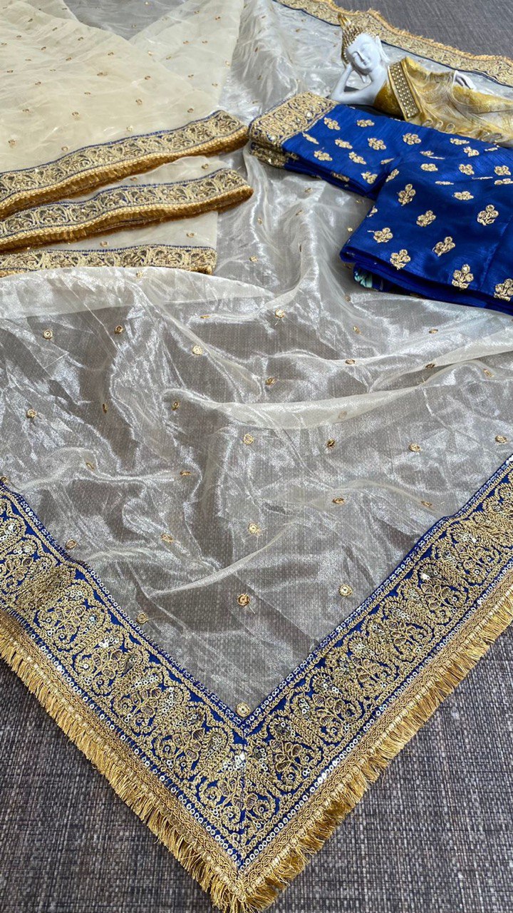 Cream Saree In Organza Silk With Sequence Work