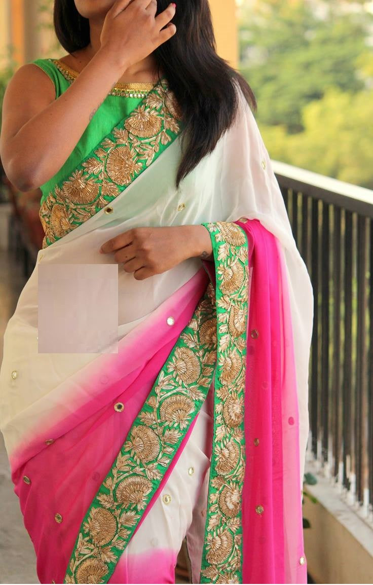 Cream Pink Saree In Padding Georgette Bember With Fancy Thread Work