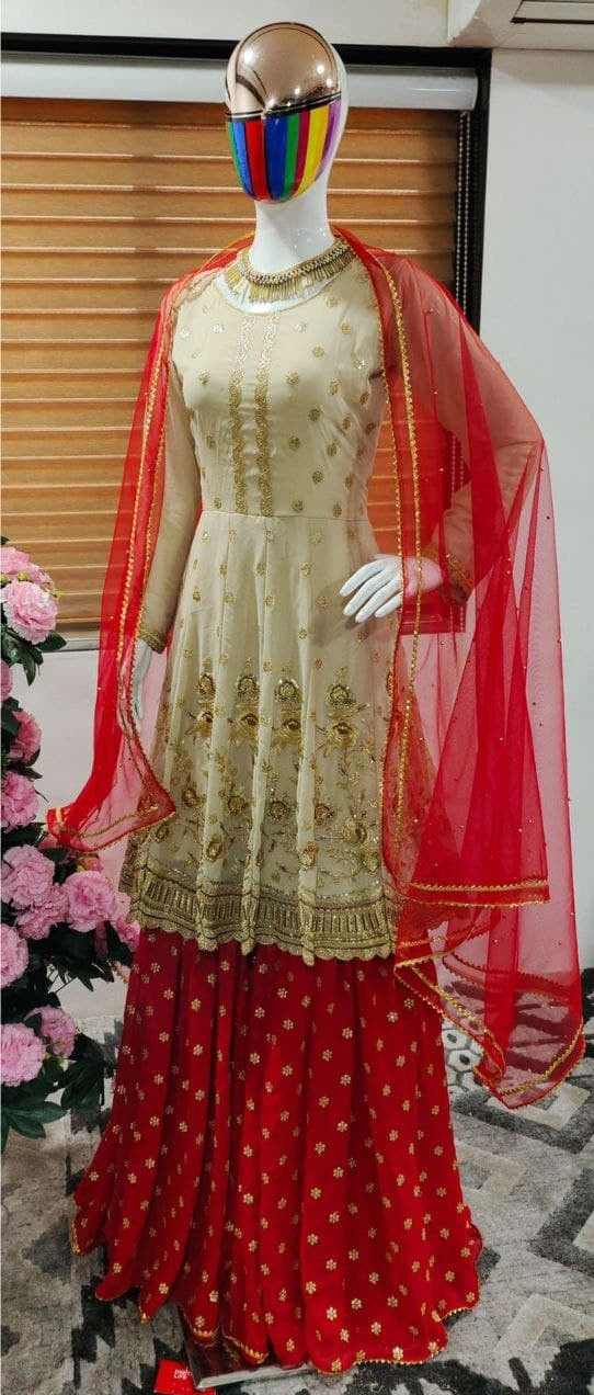 Cream Salwar Suit In Fox Georgette With Embroidery Work