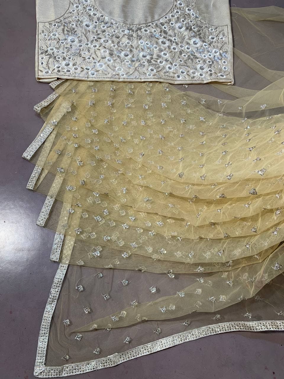 Cream Saree In Butterfly Mono Net With Embroidery Work