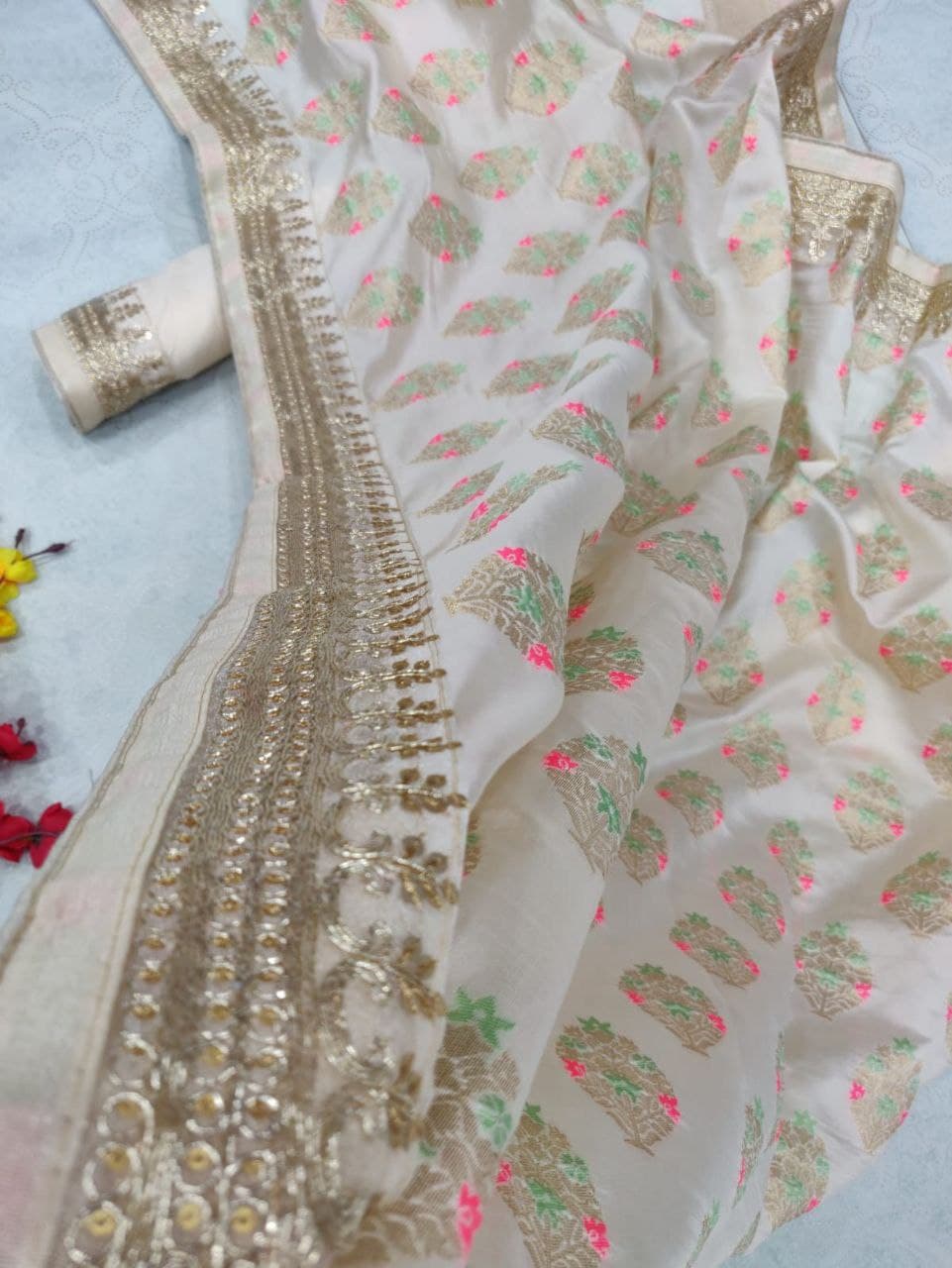 Cream Saree In Jacquard Zari With Sequence Embroidery Work