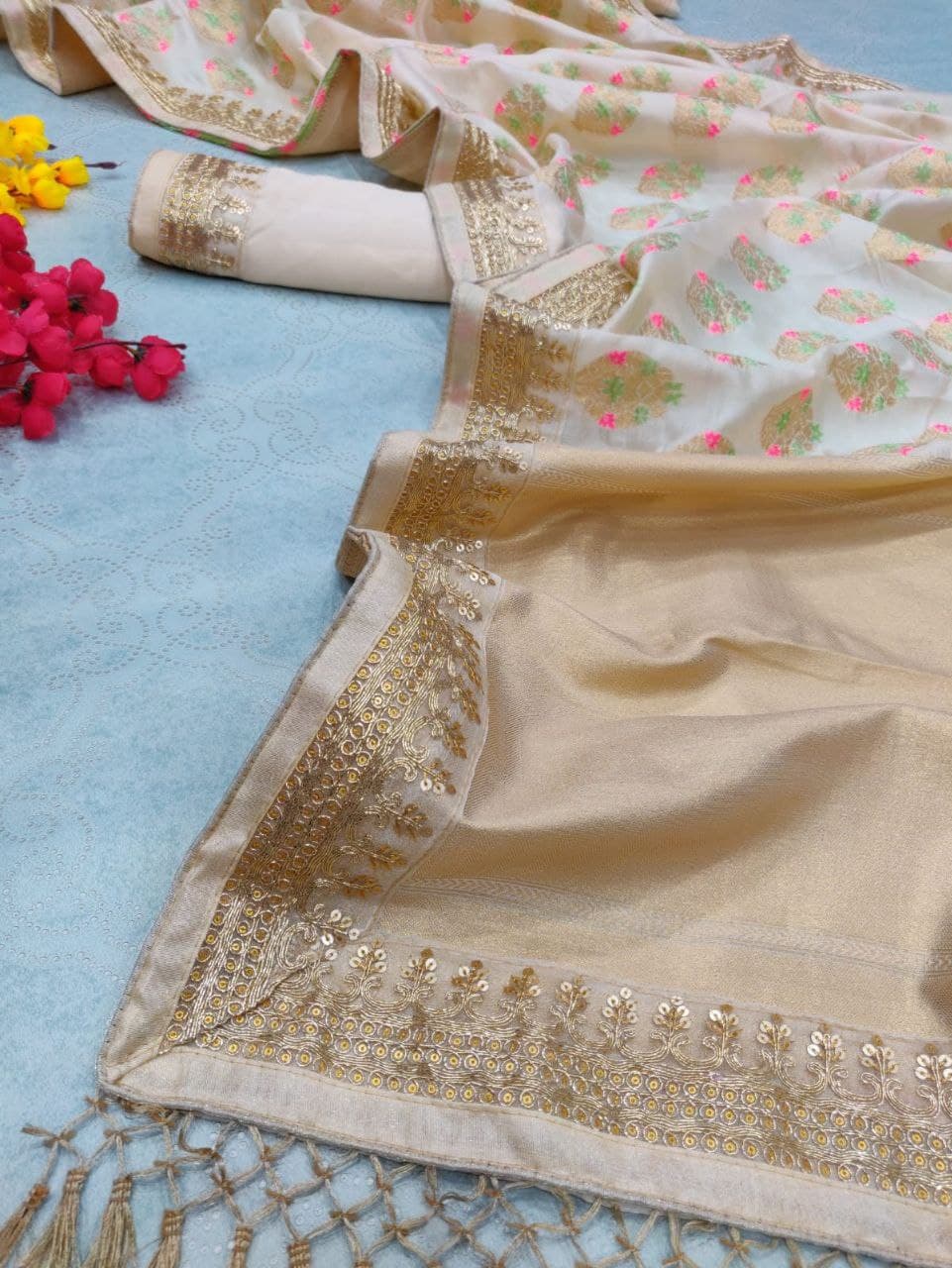 Cream Saree In Jacquard Zari With Sequence Embroidery Work