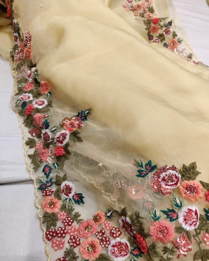 Cream Saree In Organza Silk With Sequence Embroidery Work