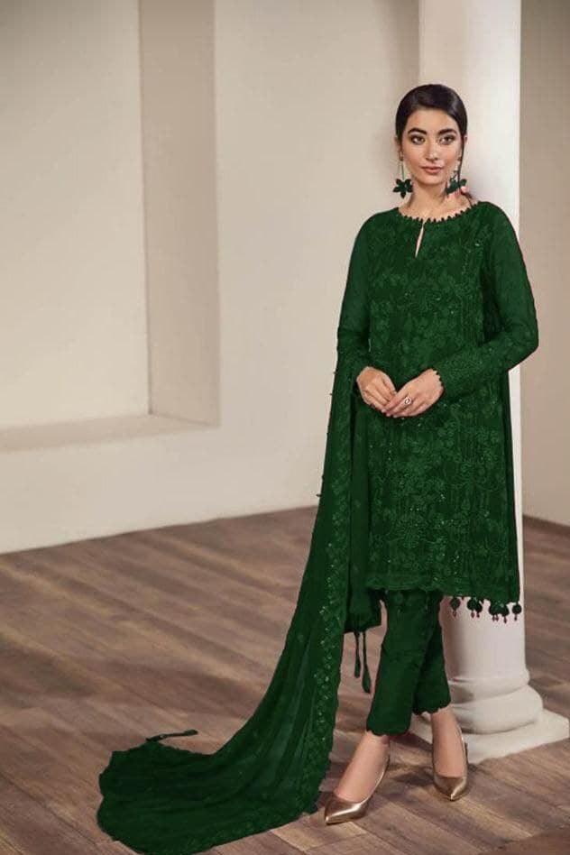 Dark Green Salwar Suit In Georgette Silk With Embroidery Work