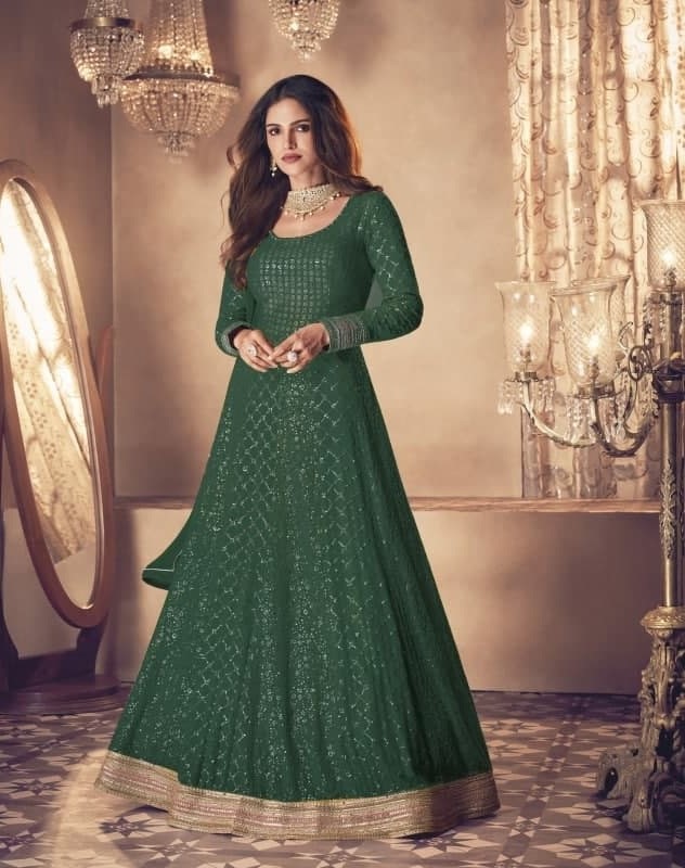 Bottle Green Gown In Heavy Bluming Georgette With Sequence Embroidery Work