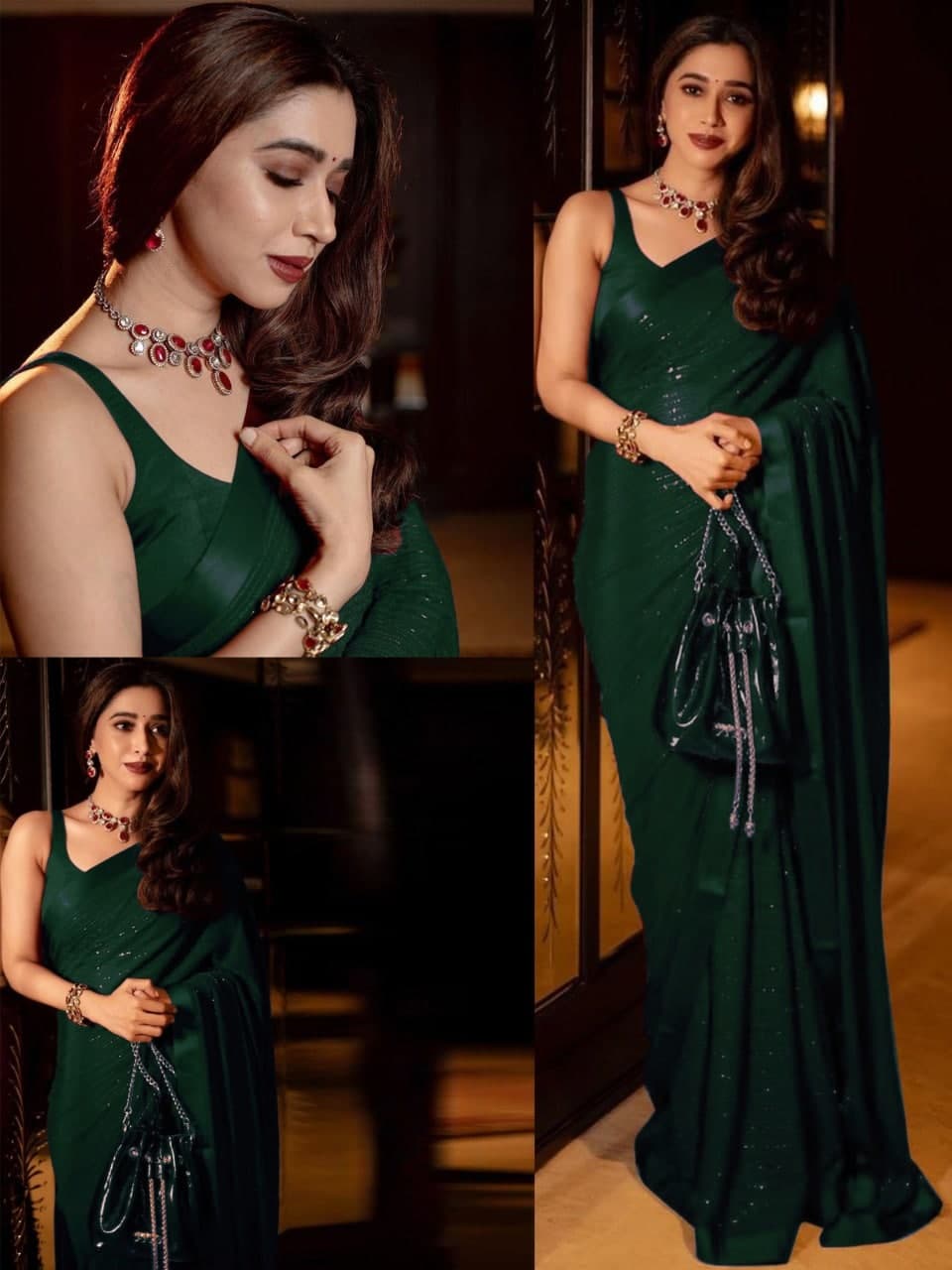 Bottle Green Satin Saree With Blouse 211507