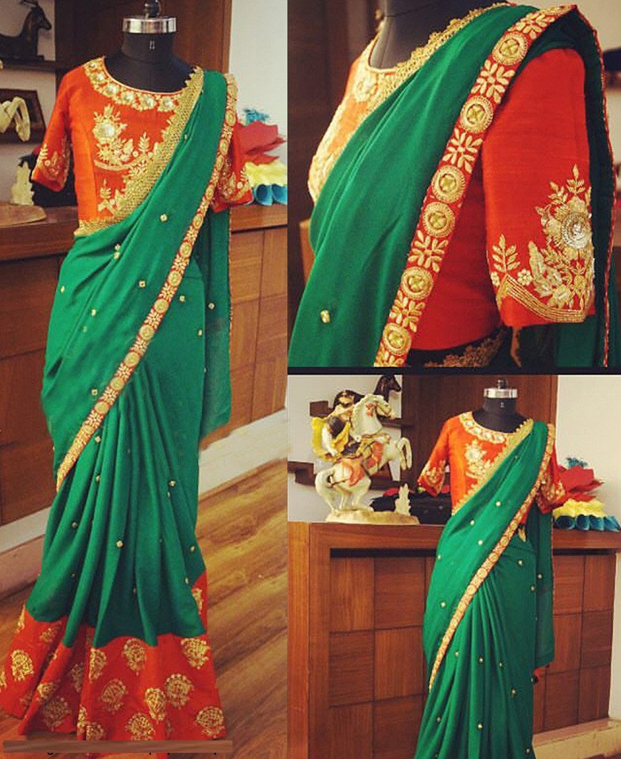 Dark Green Saree In 60 GM Georgette With Fancy Thread Work