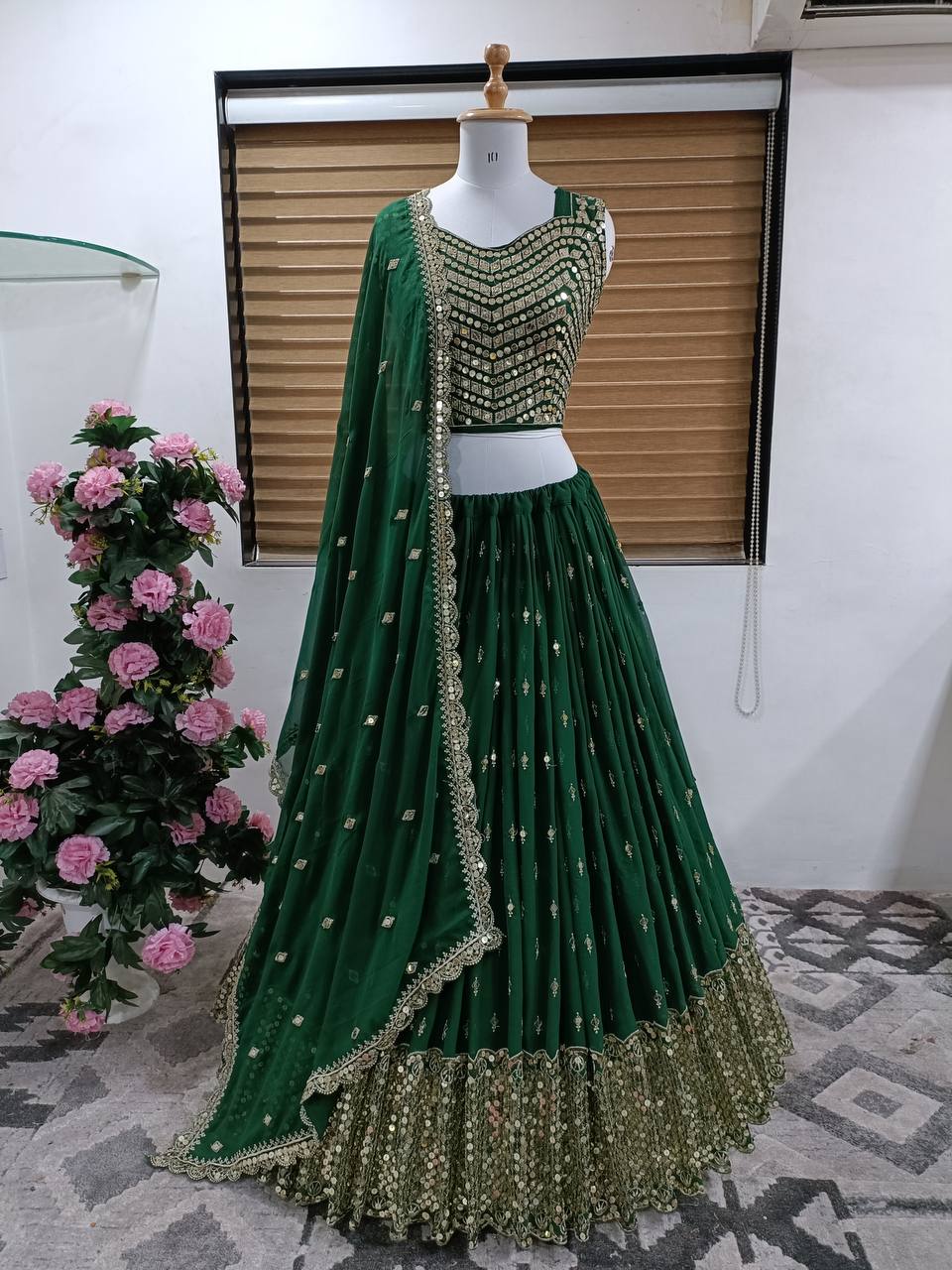 Dark Green Lehenga Choli Faux Georgette With Embroidery Work