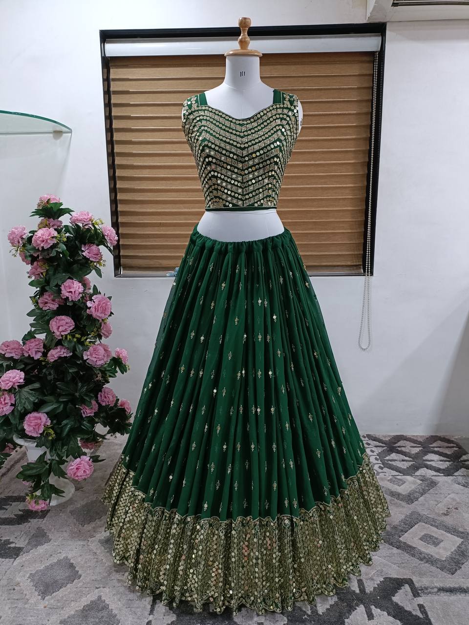 Dark Green Lehenga Choli Faux Georgette With Embroidery Work