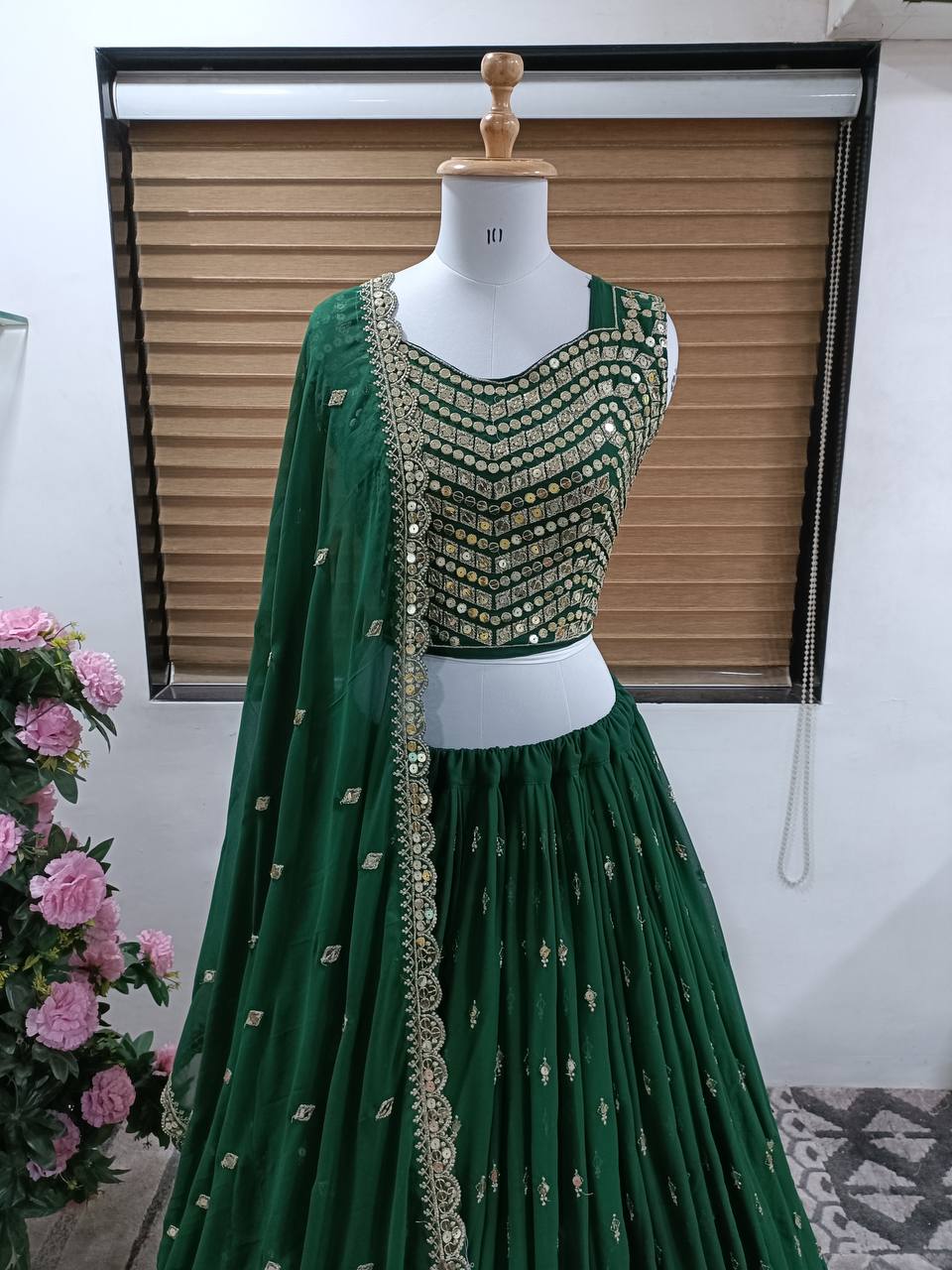 Dark Green Lehenga Choli Faux Georgette With Embroidery Work