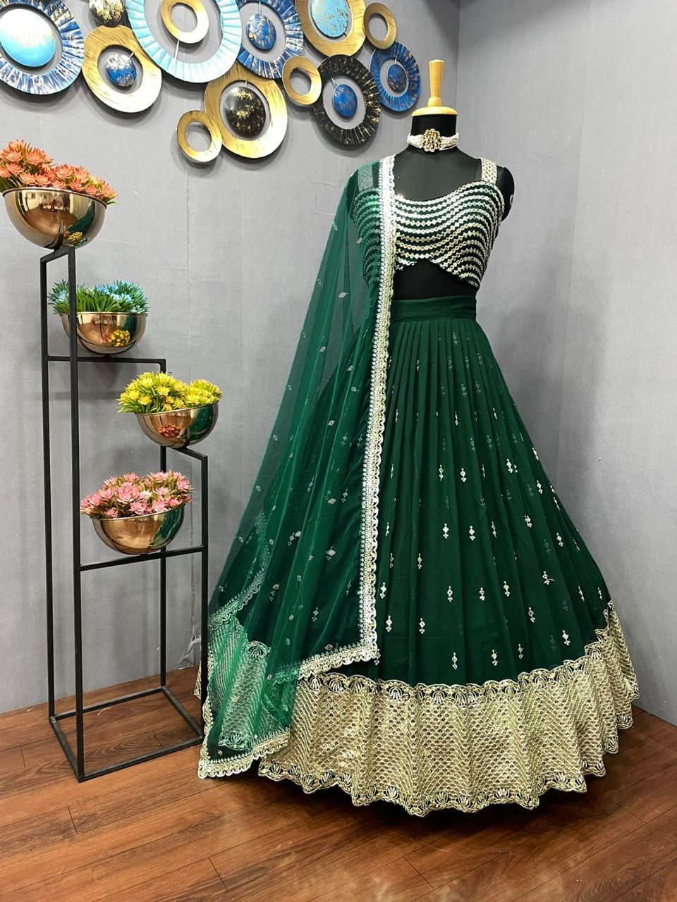 Dark Green Lehenga Choli In Faux Georgette With Embroidery Work