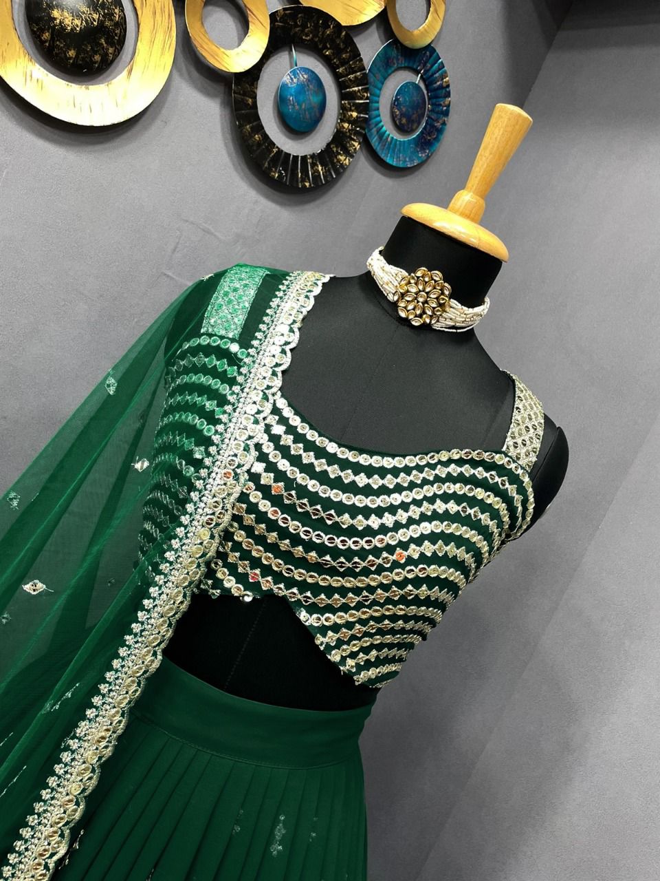 Dark Green Lehenga Choli In Faux Georgette With Embroidery Work