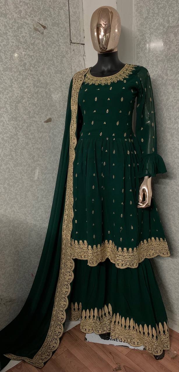 Dark Green Salwar Suit In Faux Georgette With Embroidery Work