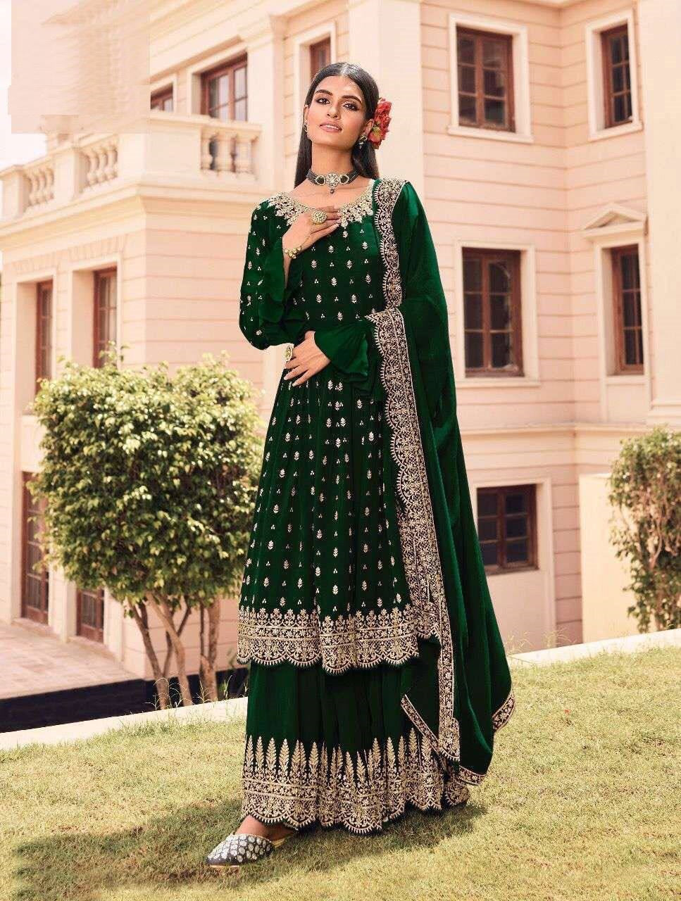 Dark Green Salwar Suit In Faux Georgette With Embroidery Work