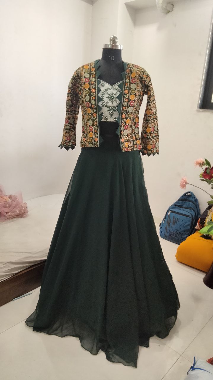 Dark Green Faux Georgette Lehenga Choli With Multi Koti