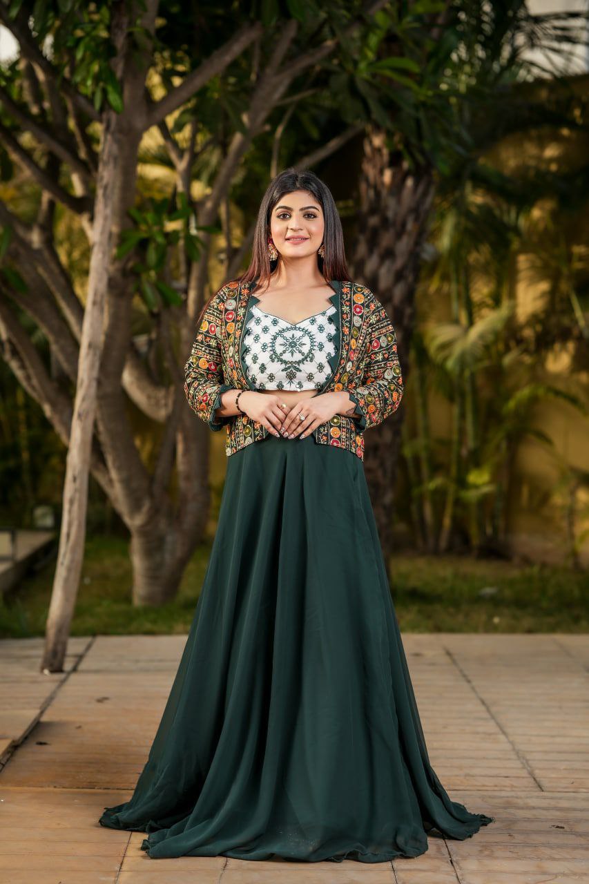 Dark Green Faux Georgette Lehenga Choli With Multi Koti