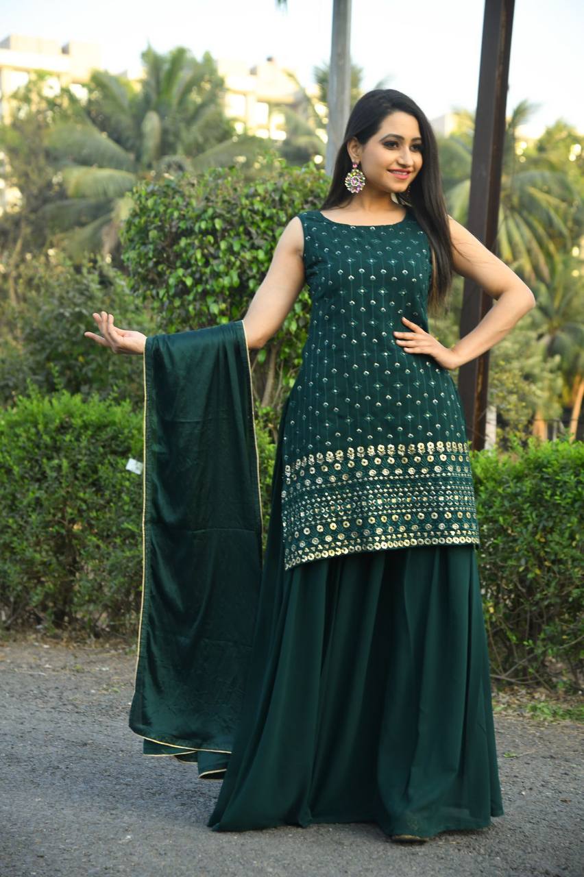 Dark Green Salwar Suit In Faux Georgette With Sequence Embroidery Work