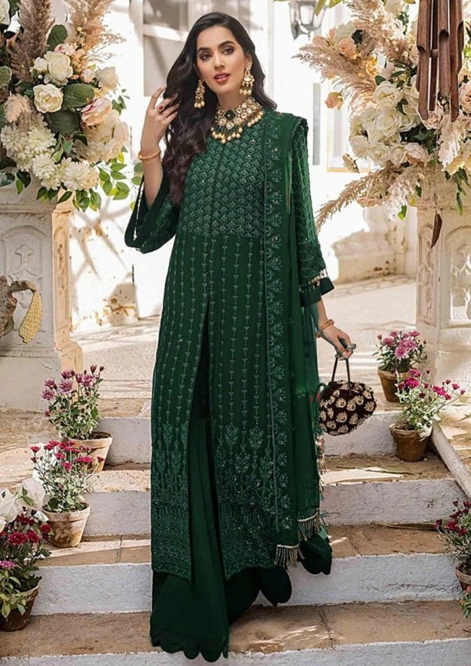 Dark Green Salwar Suit In Georgette Silk With Embroidery Work