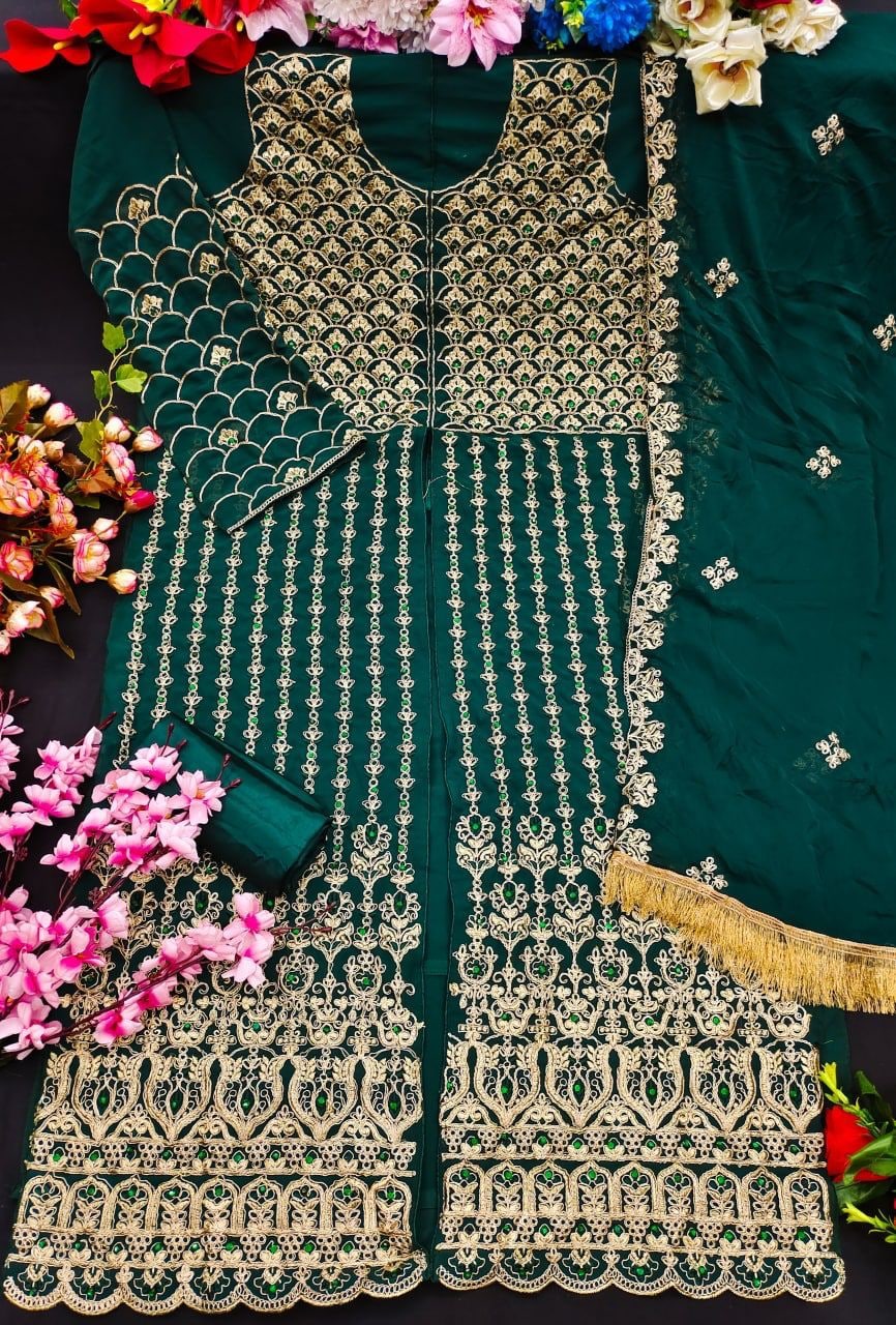 Dark Green Salwar Suit In Georgette Silk With Embroidery Work