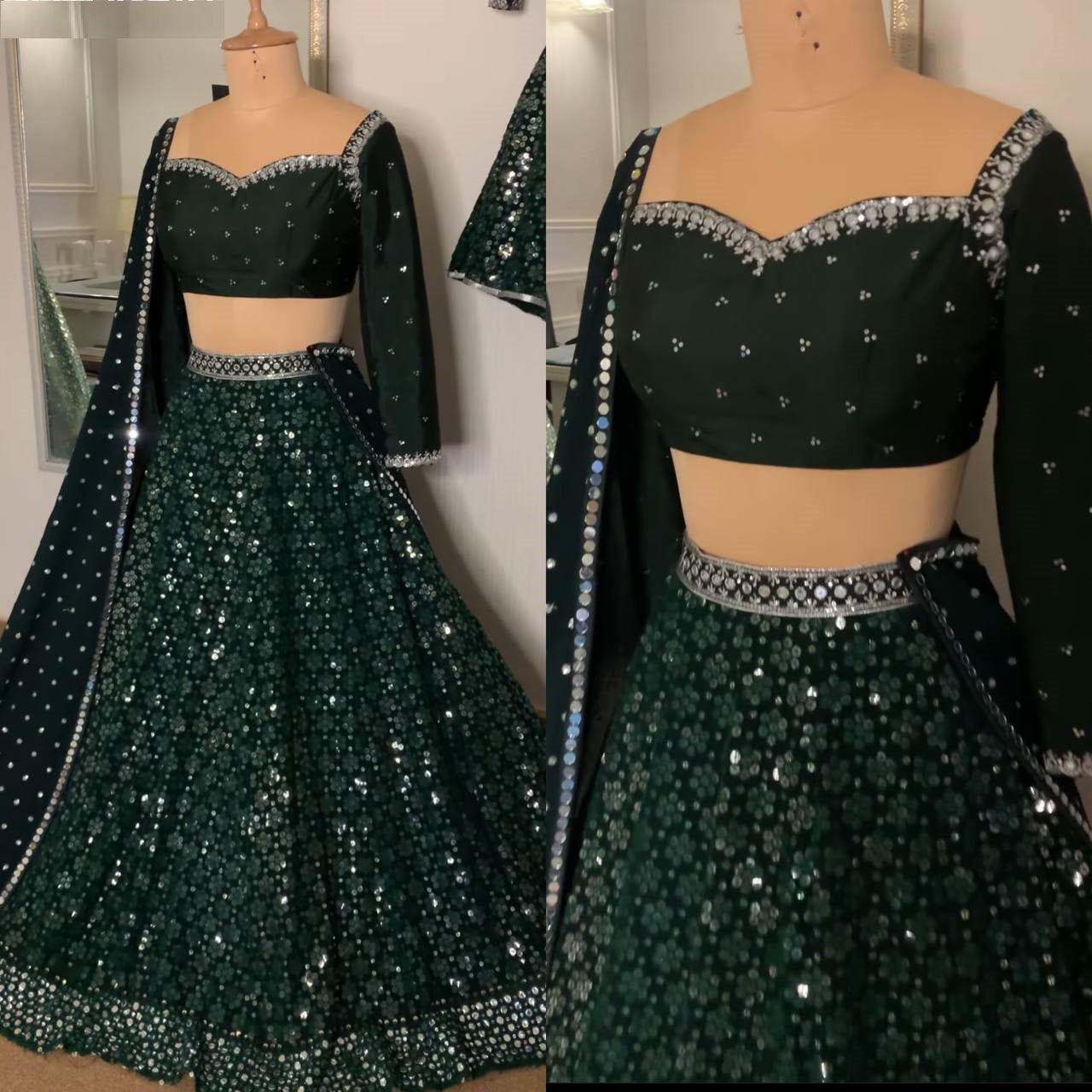 Dark Green Lehenga Choli In Georgette Silk With Sequence Work