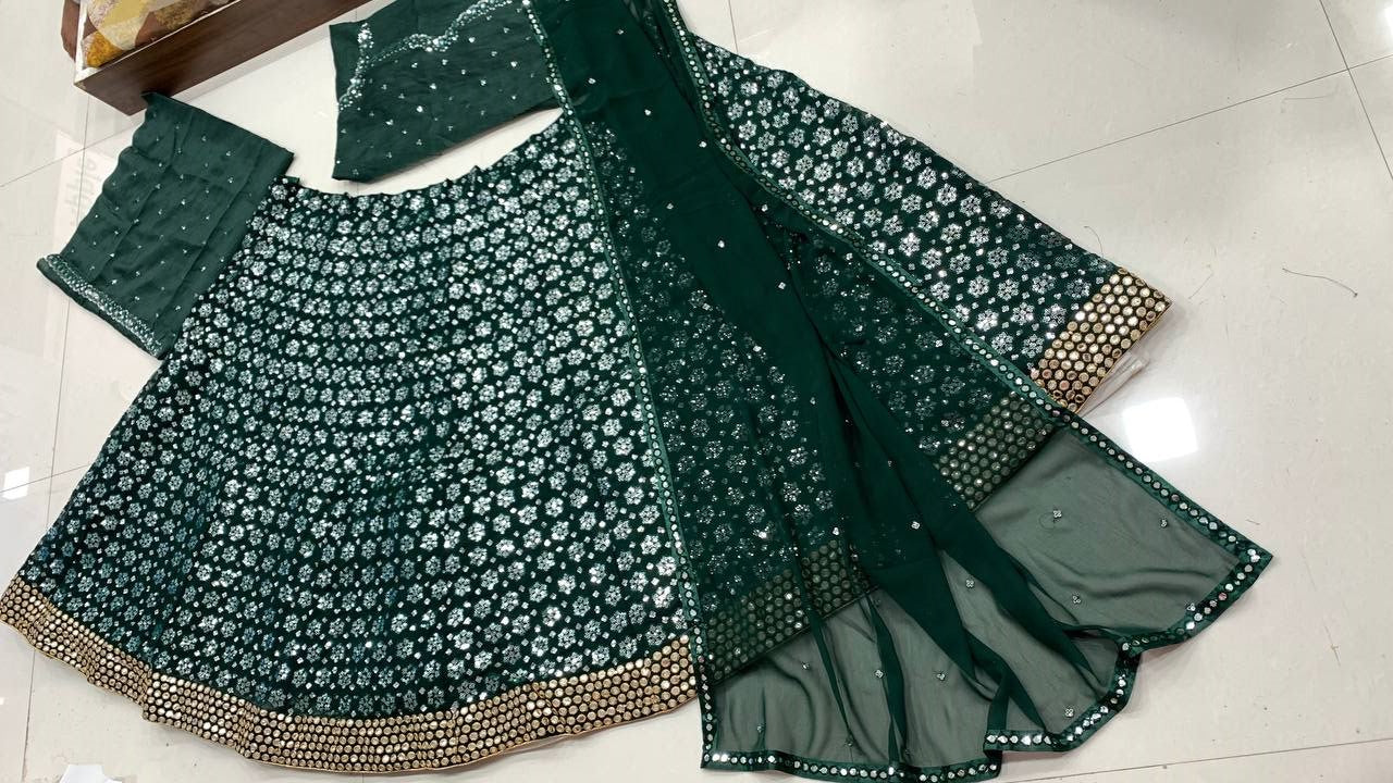 Dark Green Lehenga Choli In Georgette Silk With Sequence Work