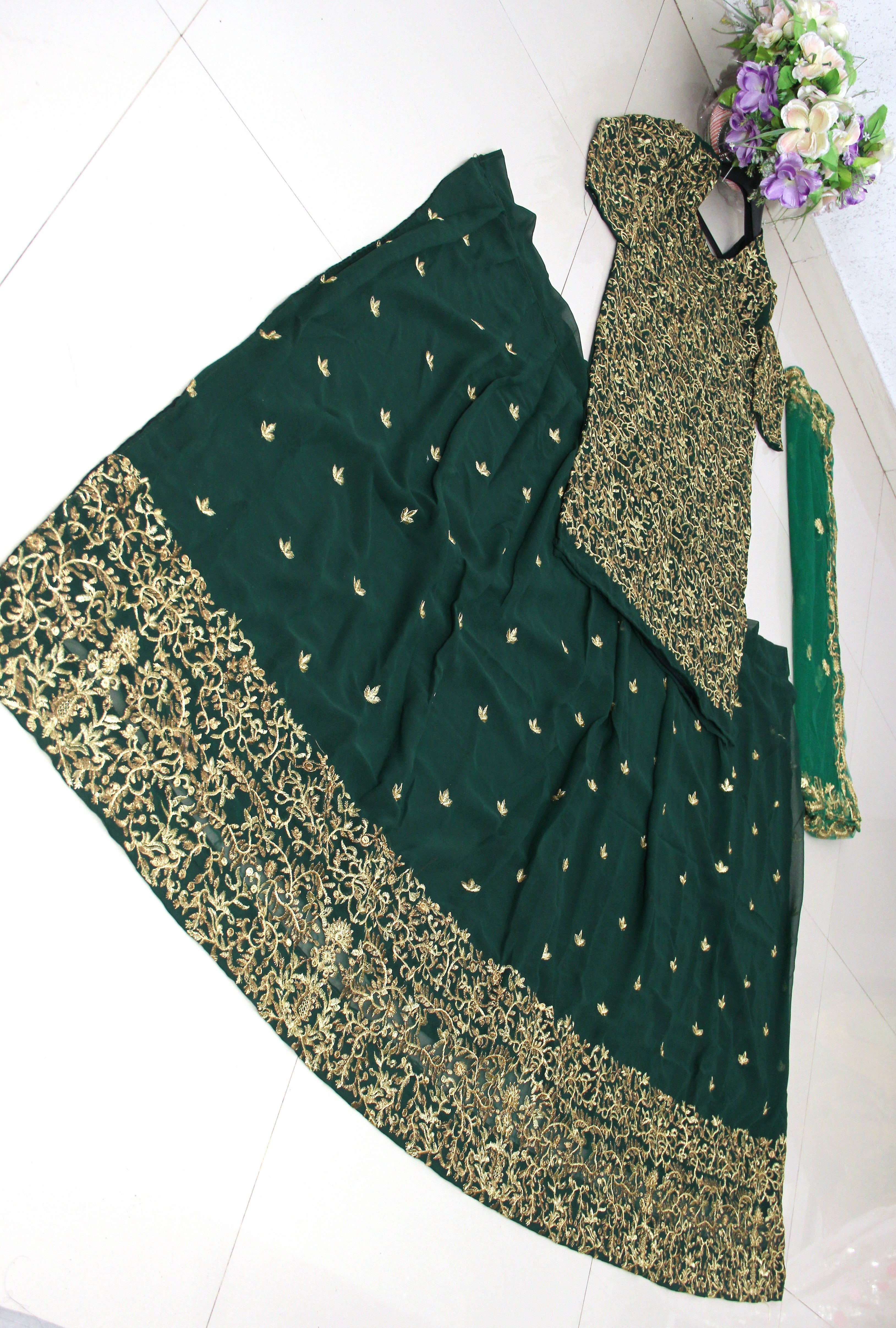 Dark Green Lehenga Choli In Georgette Silk With Thread Work