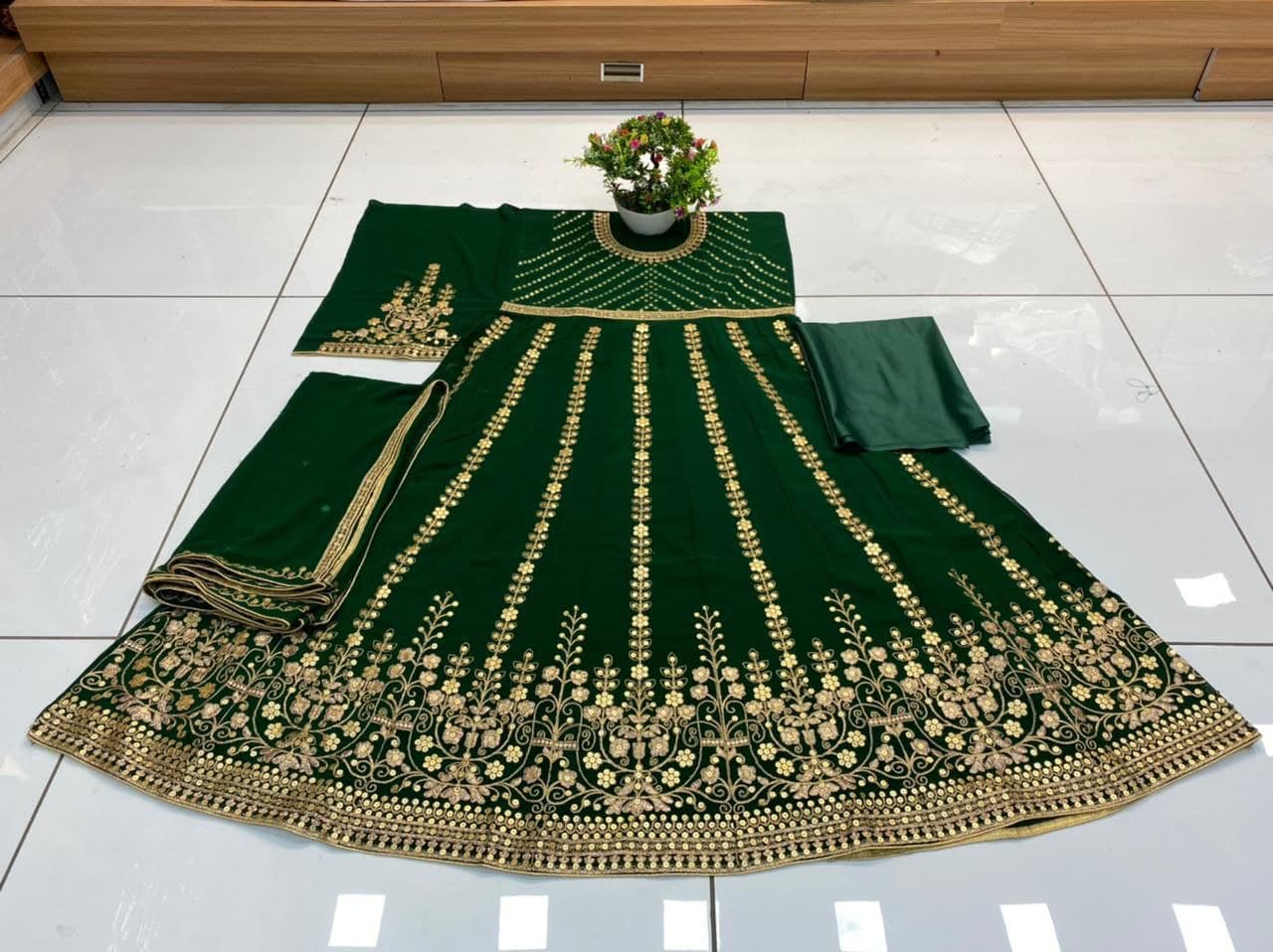 Dark Green Salwar Suit In Heavy Faux Georgette With Multi Thread Work